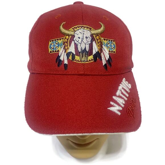 American Indian Native Pride Ball Cap Red Buffalo Skull Embroidered Adjustable - Picture 1 of 8